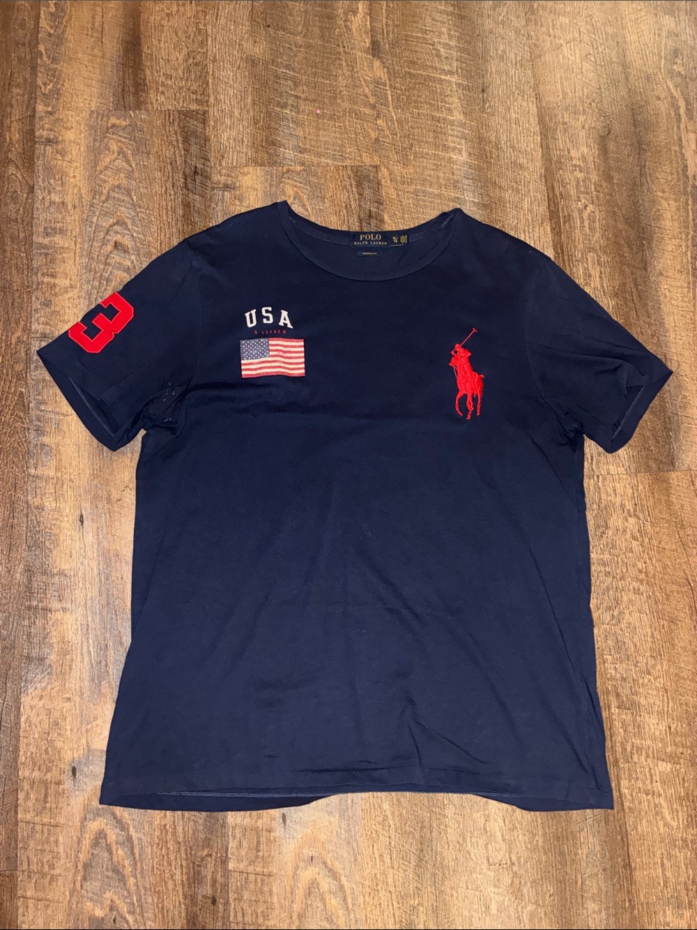 Polo by Ralph Lauren Navy Short Sleeve Tee with Red Logo & USA Patch